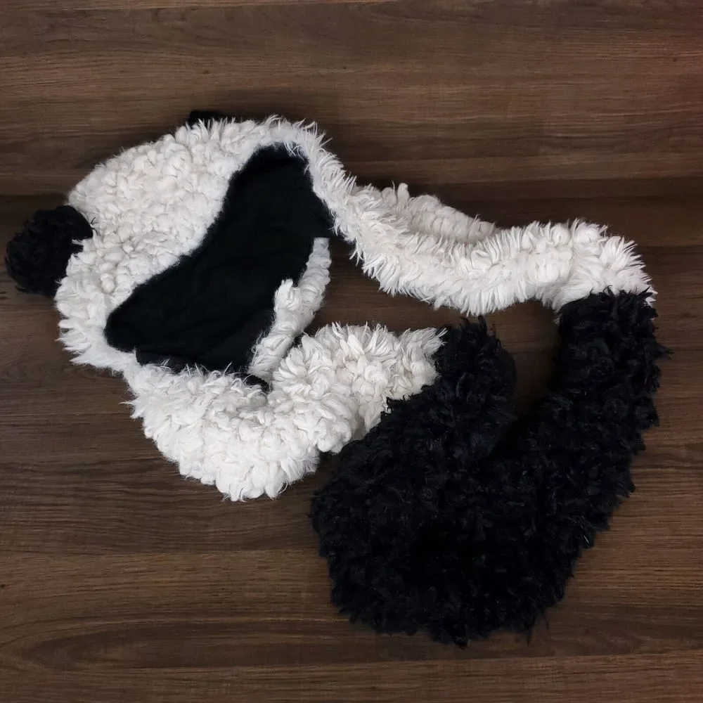 Panda Bear Plush Fur Cowl‎ Hooded Infinity Scarf Snood 3D Ears Black White New